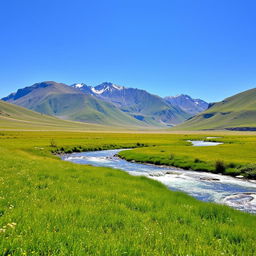 A serene landscape featuring a clear blue sky, a sparkling river flowing through a lush green meadow, and a majestic mountain range in the background