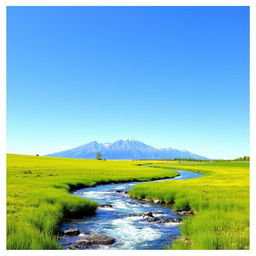 A serene landscape featuring a clear blue sky, a sparkling river flowing through a lush green meadow, and a majestic mountain range in the background