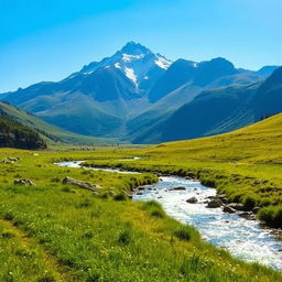 A serene landscape featuring a clear blue sky, a sparkling river flowing through a lush green meadow, and a majestic mountain range in the background