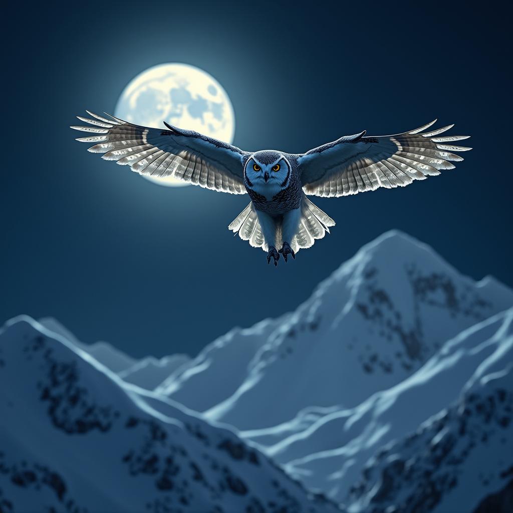 A majestic owl flying in front of a full moon over a snowy mountain range at night, with detailed feathers and a serene, mystical atmosphere