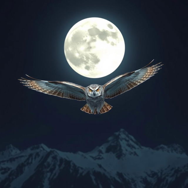 A majestic owl with wide, outstretched wings is soaring gracefully across the night sky, but this time from a greater distance