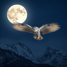 A majestic owl with wide, outstretched wings is soaring gracefully across the night sky, but this time from a greater distance