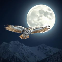 A majestic owl with wide, outstretched wings is soaring gracefully across the night sky, but this time from a greater distance