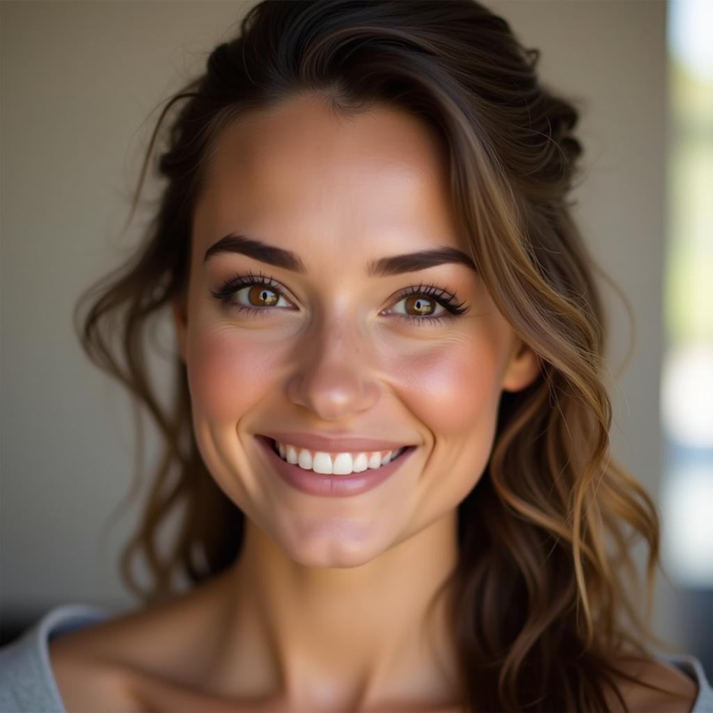 A portrait of a beautiful person looking directly at the camera with a radiant smile, expressive eyes, and elegant hairstyle