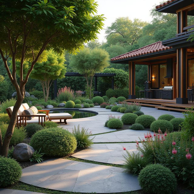 Diseña un patio lleno de vegetación exuberante, con un camino de piedra, una fuente central, bancos de madera, luces de hadas, un estanque con peces koi y una pérgola cubierta de enredaderas