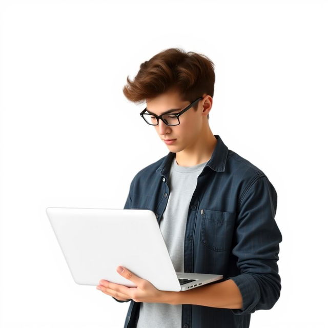 Create an image of a young man holding a laptop with no background