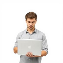 Create an image of a young man holding a laptop with no background