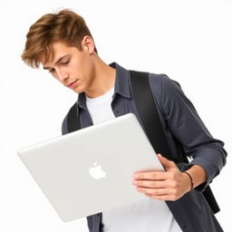 Create an image of a young man holding a laptop with no background