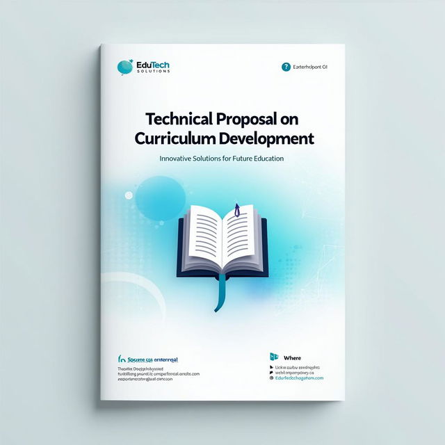 Create a corporate cover page for a technical proposal on curriculum development, featuring a clean and professional design with a blue and white color scheme, a modern title, a logo of a book or notebook, and the company's name and contact information