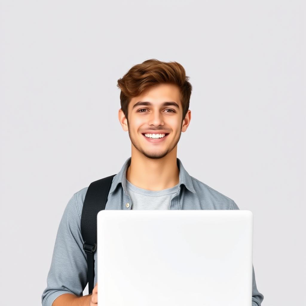 Create an image of a young man smiling while holding a laptop with no background