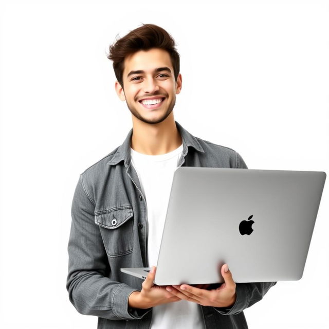 Create an image of a young man smiling while holding a laptop with no background