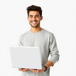 Create an image of a young man smiling while holding a laptop with no background