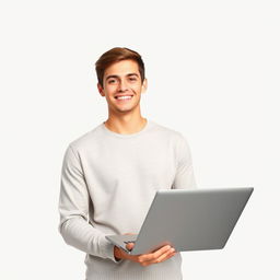 Create an image of a young man smiling while holding a laptop with no background