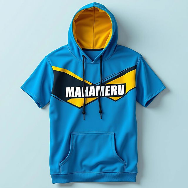 Design a short-sleeved hoodie with a vibrant blue base and bold yellow and black accents, featuring the word 'MAHAMERU' on the front