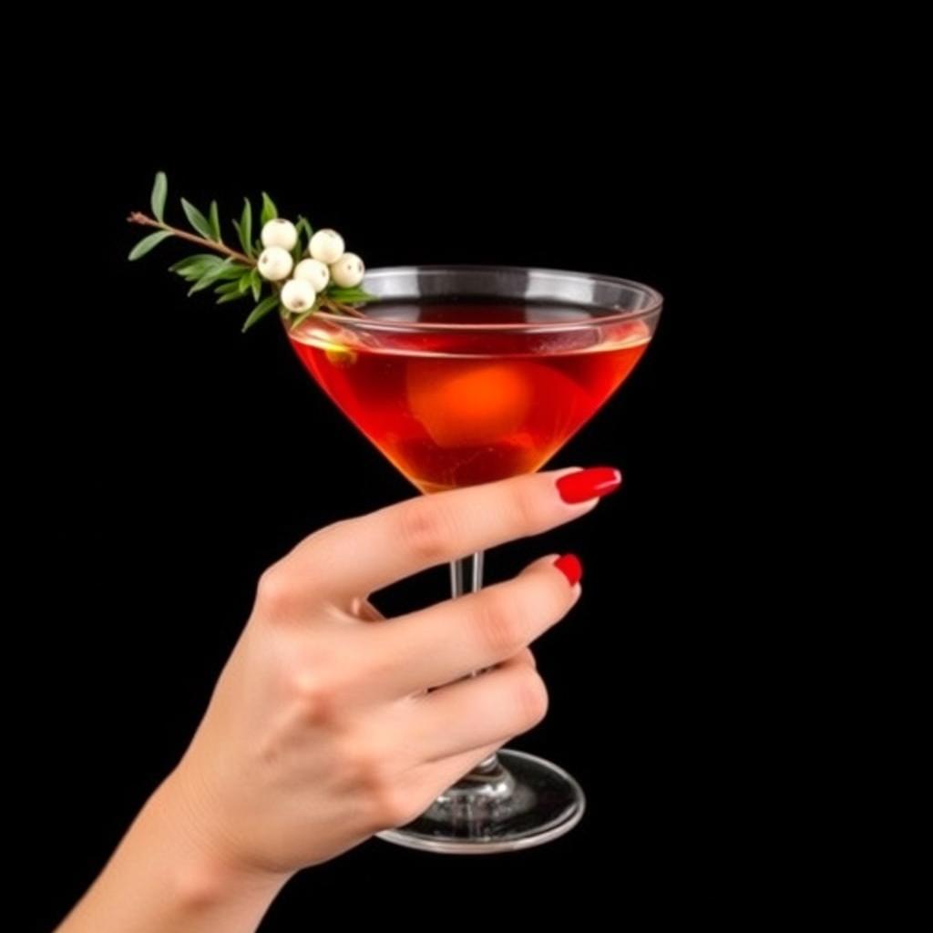 An elegant lady's hand holding a cocktail called a mistletoe kiss, set in the 1920s style