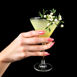 An elegant lady's hand holding a cocktail called a mistletoe kiss, set in the 1920s style