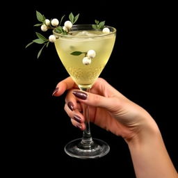 An elegant lady's hand holding a cocktail called a mistletoe kiss, set in the 1920s style