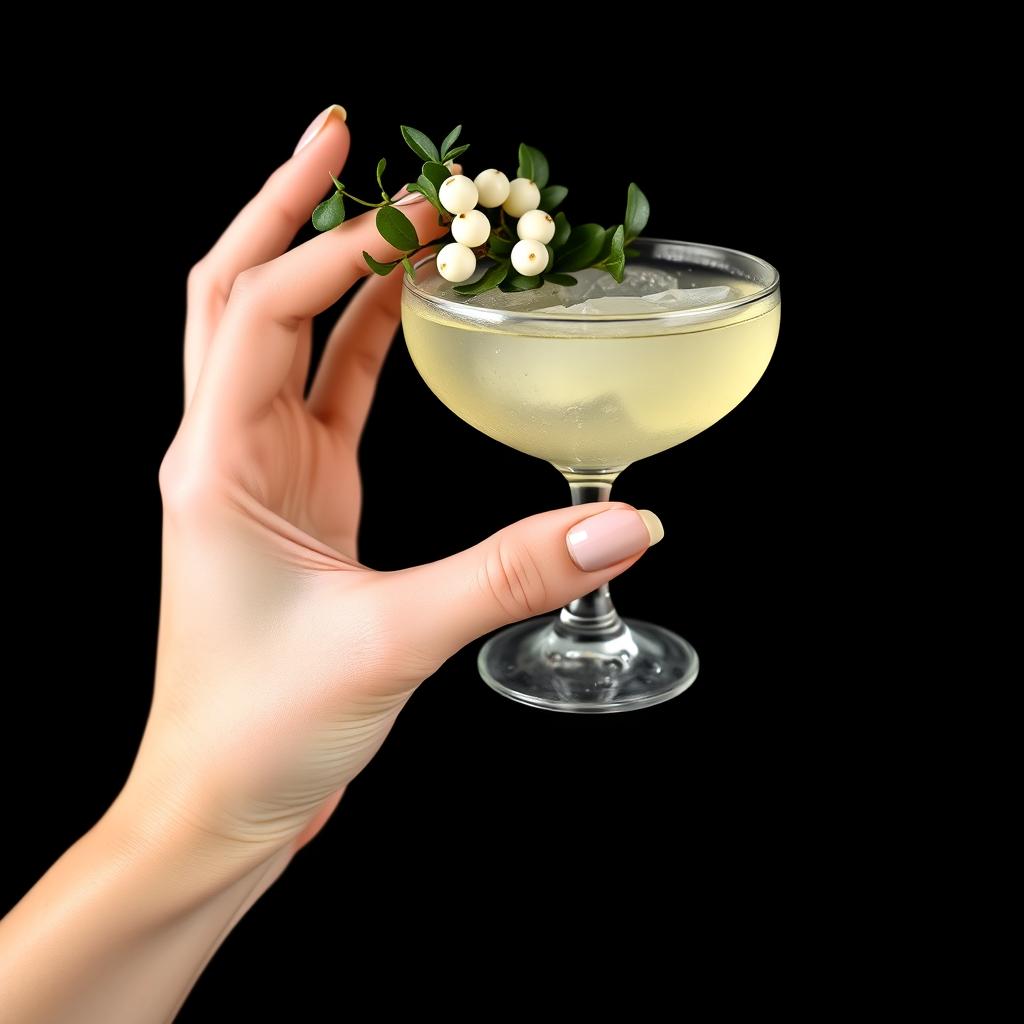 An elegant lady's hand holding a cocktail called a mistletoe kiss, set in the 1920s style