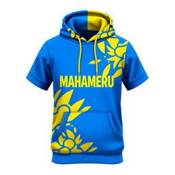 Create a short-sleeved hoodie with a vibrant blue base color