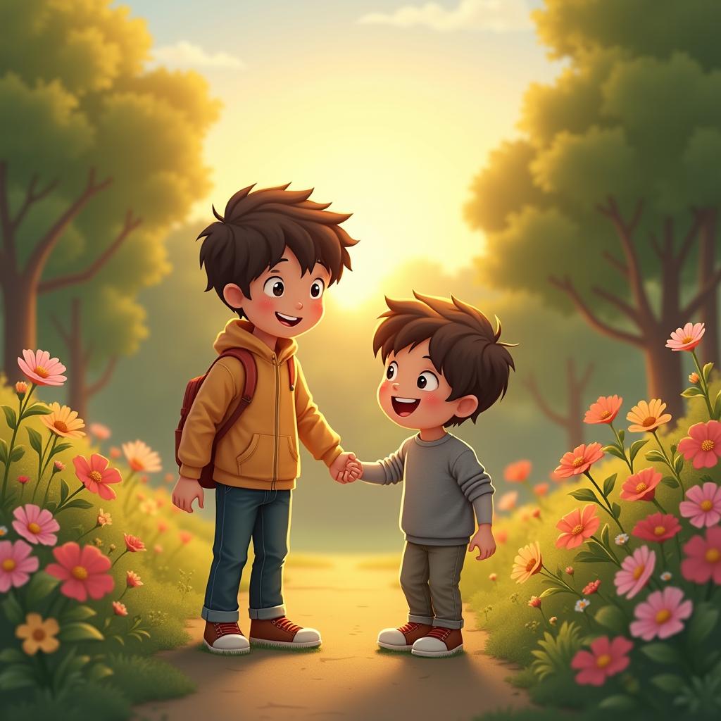 A heartwarming scene of an older brother guiding his younger brother through a serene park, filled with vibrant flowers and lush greenery, under a golden sunset