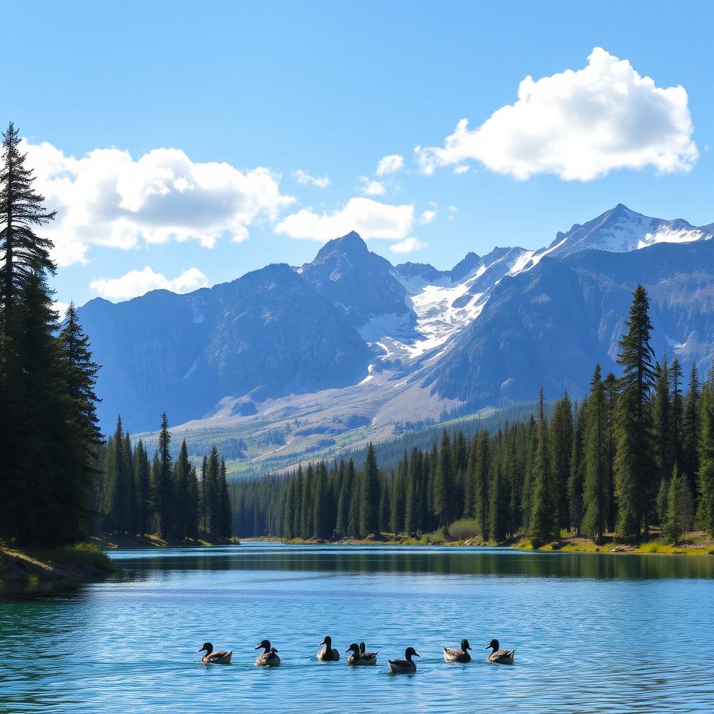 A serene landscape featuring a clear blue lake surrounded by tall pine trees and snow-capped mountains in the background