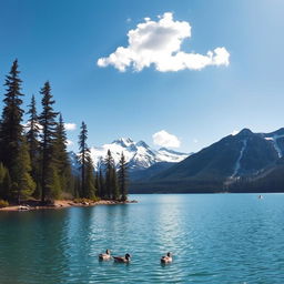 A serene landscape featuring a clear blue lake surrounded by tall pine trees and snow-capped mountains in the background