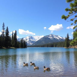 A serene landscape featuring a clear blue lake surrounded by tall pine trees and snow-capped mountains in the background