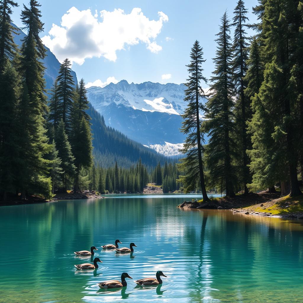 A serene landscape featuring a clear blue lake surrounded by tall pine trees and snow-capped mountains in the background