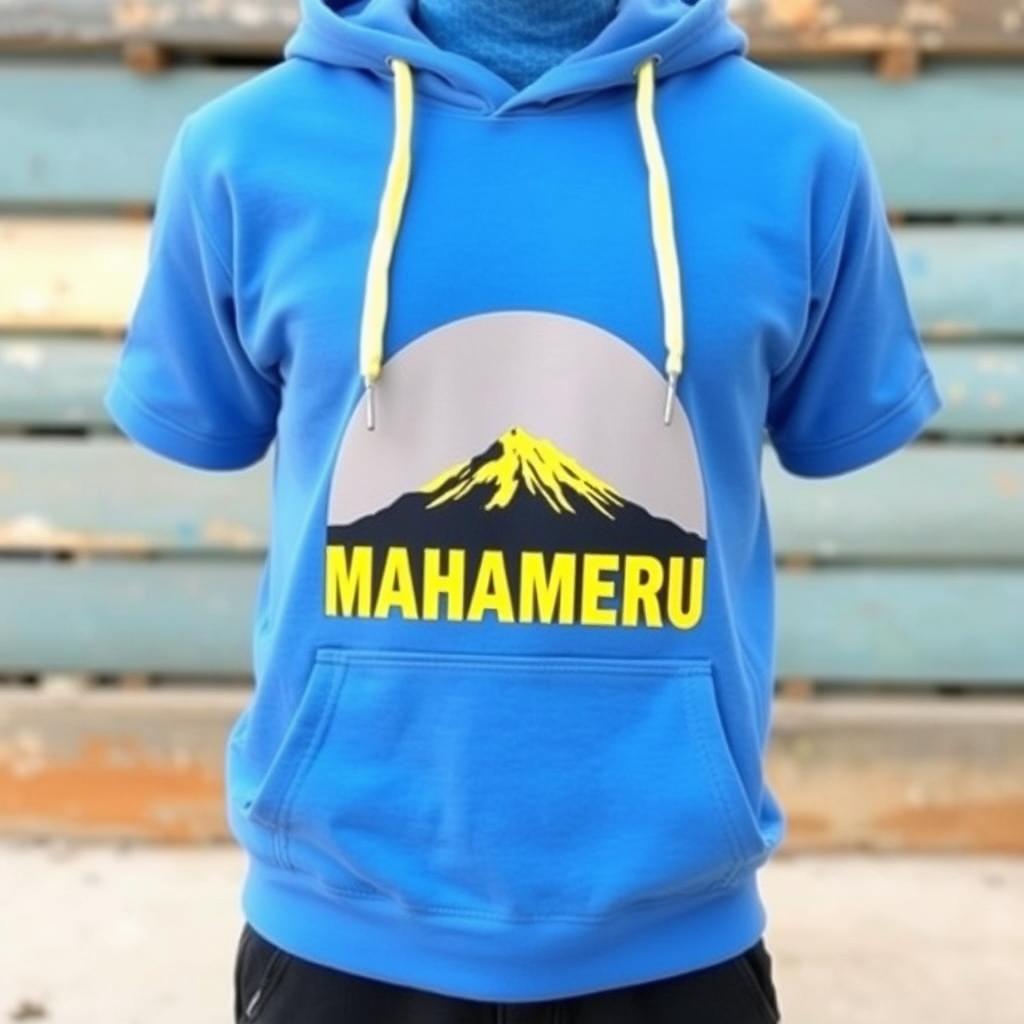 A short-sleeved hoodie with a bright blue base color