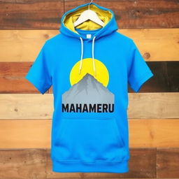 A short-sleeved hoodie with a bright blue base color