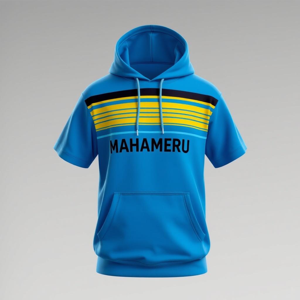 A short-sleeved hoodie with a bright blue base color