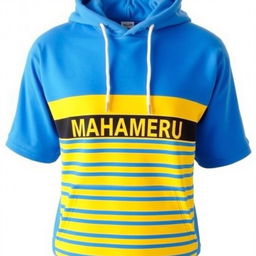 A short-sleeved hoodie with a bright blue base color