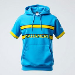 A short-sleeved hoodie with a bright blue base color