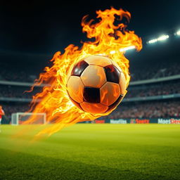 A dynamic image of a soccer ball engulfed in flames, soaring across a vibrant green soccer field