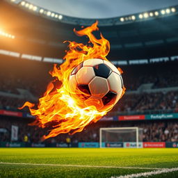 A dynamic image of a soccer ball engulfed in flames, soaring across a vibrant green soccer field