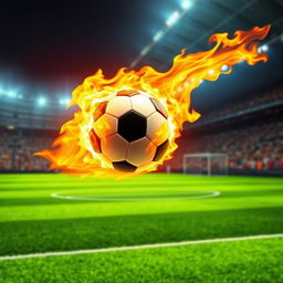 A dynamic image of a soccer ball engulfed in flames, soaring across a vibrant green soccer field