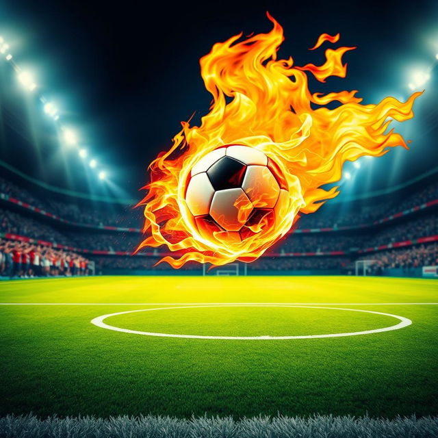 A dynamic image of a soccer ball engulfed in flames, soaring across a vibrant green soccer field