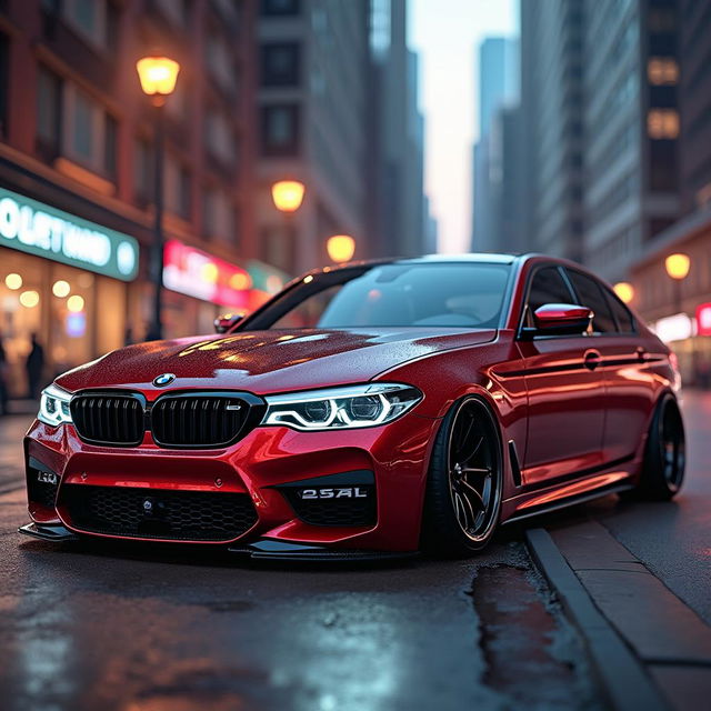 A 2024 BMW i5 in red, bagged with 22-inch custom wheels, set in a vibrant urban environment.