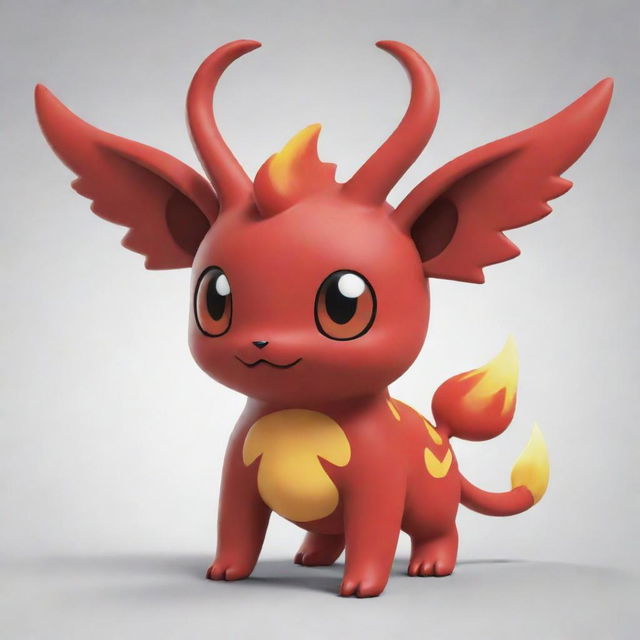 A cute, red, fire-inspired Pokemon with distinct features such as brown horns, wings and details, designed with elements that symbolize Satan without creating a fearful image.