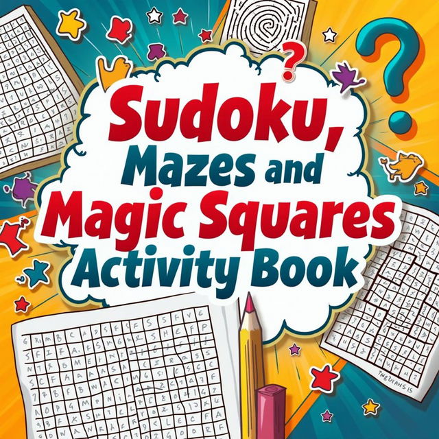 Create a colorful and engaging cover for a Sudoku, maze, and magic squares activity book, featuring the title prominently and surrounded by puzzle illustrations and playful elements