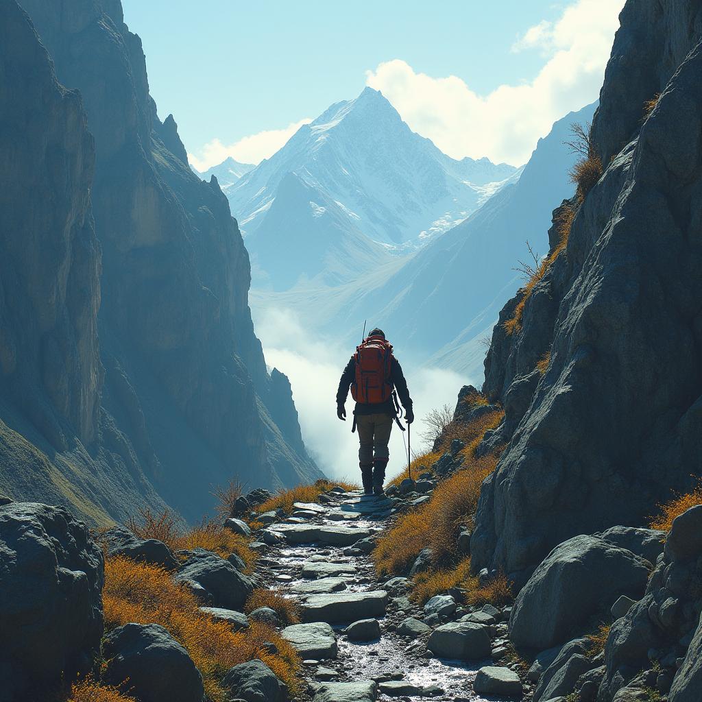 An inspiring image of a determined traveler overcoming a rugged mountain path, embodying the phrase 'For the tenacious, no road is impassable