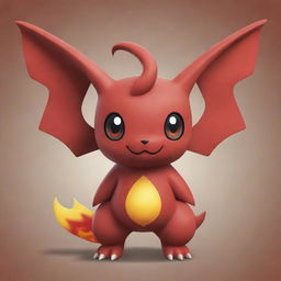 A cute, red, fire-inspired Pokemon with distinct features such as brown horns, wings and details, designed with elements that symbolize Satan without creating a fearful image.