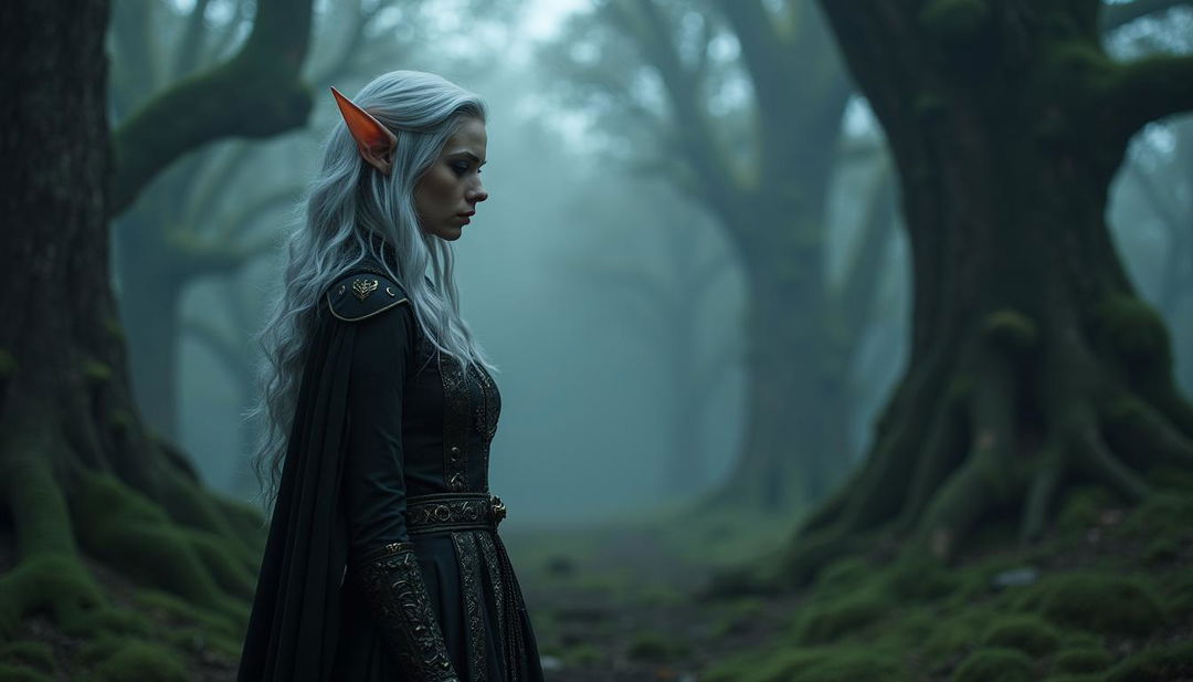 Cinematic photography of a gothic fantasy elf in a serene, misty forest