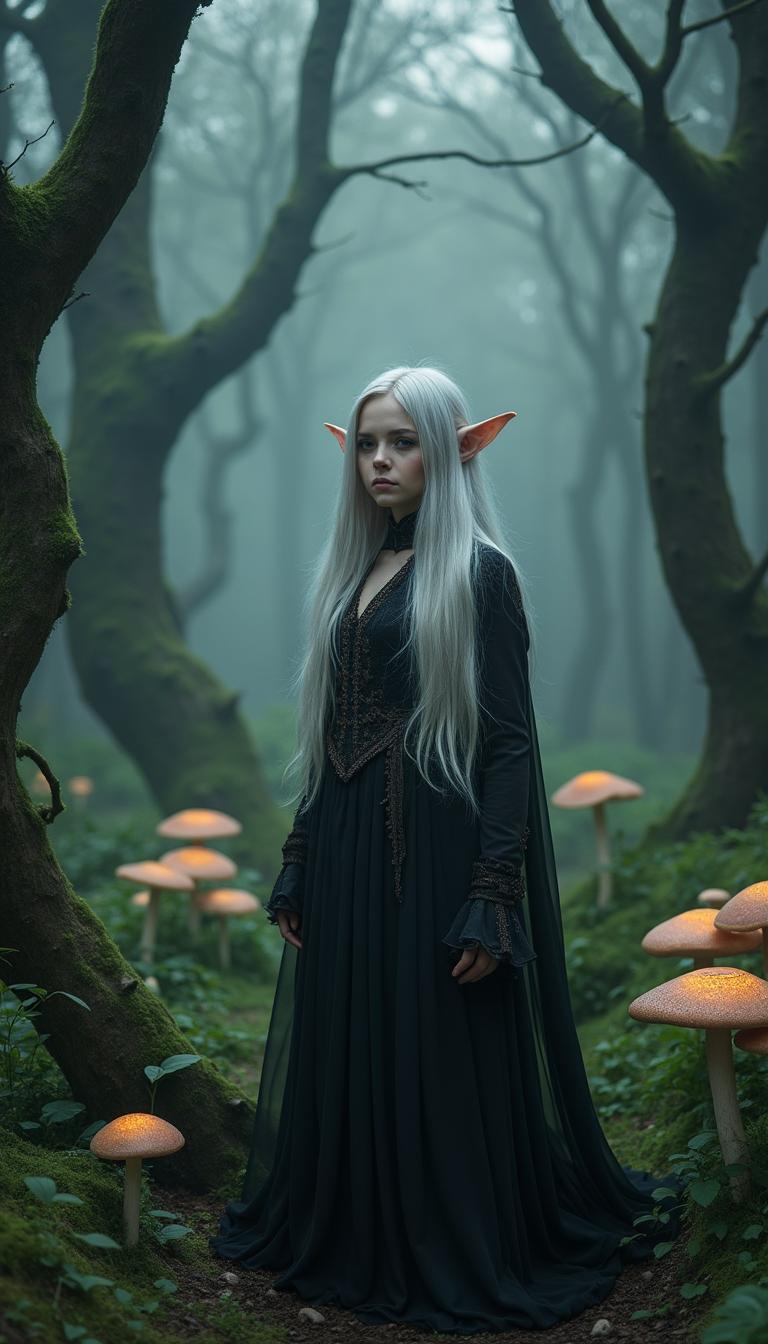 Cinematic photography of a gothic fantasy elf in a misty, ancient forest