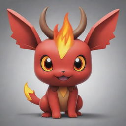 A cute, red, fire-inspired Pokemon with distinct features such as brown horns, wings and details, designed with elements that symbolize Satan without creating a fearful image.