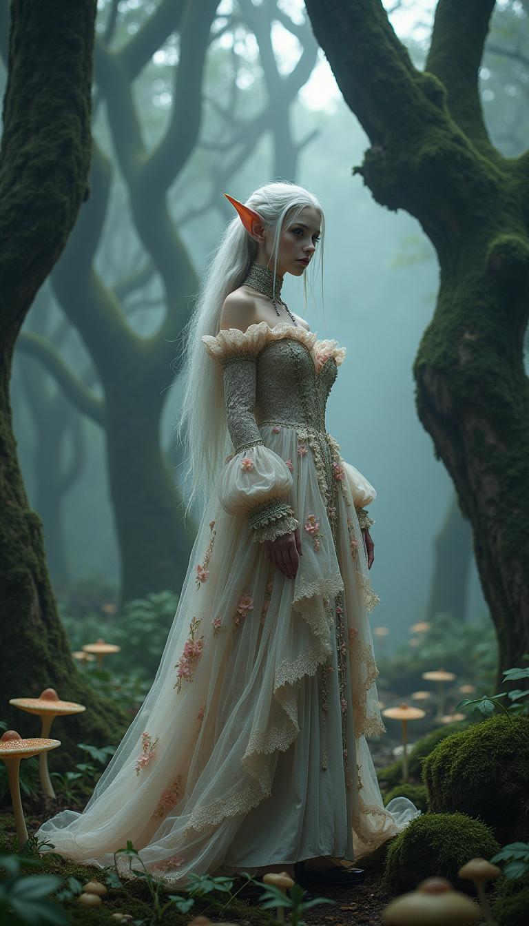 Cinematic photography of a gothic fantasy elf in a misty, ancient forest, dressed in Rococo-inspired attire