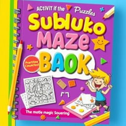 A vibrant and engaging activity book cover featuring Sudoku, maze, and magic squares puzzles