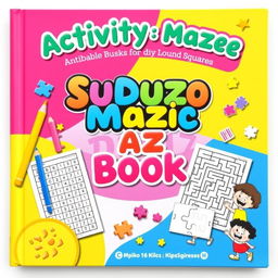 A vibrant and engaging activity book cover featuring Sudoku, maze, and magic squares puzzles