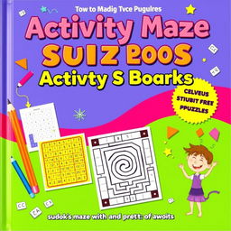 A vibrant and engaging activity book cover featuring Sudoku, maze, and magic squares puzzles