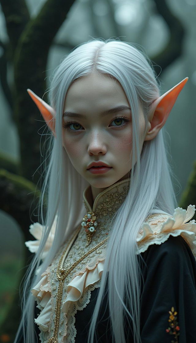 Portrait of a gothic fantasy elf from the shoulders up, dressed in Rococo-inspired attire